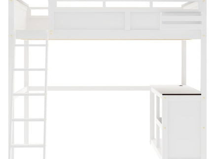 Queen Size Loft Bed With Desk, Open Shelf, Storage Box And USB Charging Station - White