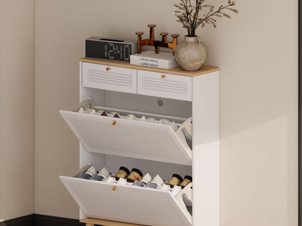 Modern Freestanding Shoe Cabinet With Flip Up Doors And Drawers, Compact Design For Entryway - White Natural