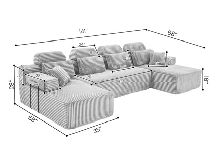 Sectional Sleeper Sofa & Storage Pockets, Modular Couch With Throw Pillows For Living Room