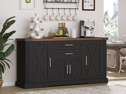 Barn Door Storage Cabinet With 2 Drawers & Door Rack, Adjustable Shelves