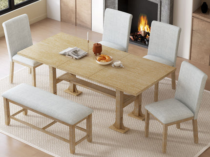 Topmax - 6 Piece Farmhouse Extendable Dining Table Set Trestle Kitchen Table Set With Removable Leaf And Upholstered Dining Chair And Bench For Dining Room