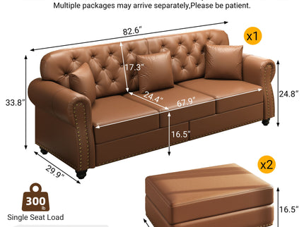 Upholstered Sofa With Nailhead Trim, Rolled Armrests With Ottoman