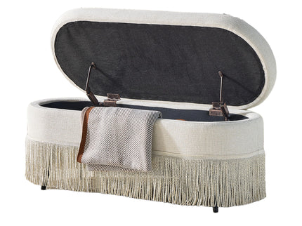 Oval Upholstered Storage Ottoman With Fringe Trim & Lift Top Lid