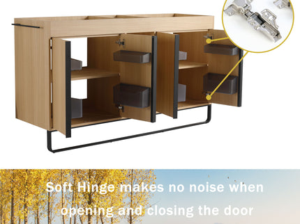 58" Freestanding Bathroom Cabinet With 4 Soft Close Doors & 3 Open Racks (Vanity Only, No Sink) - Oak
