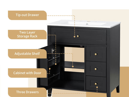 Bathroom Vanity With Sink, 3 Drawers And Adjustable Shelf