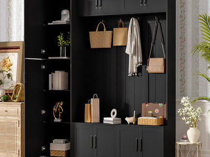 Tall Hall Tree With Shoe Storage, 4 In 1 Entryway Bench With 6 Cabinets, 4 Coat Hooks & Adjustable Shelf For Hallway - Black