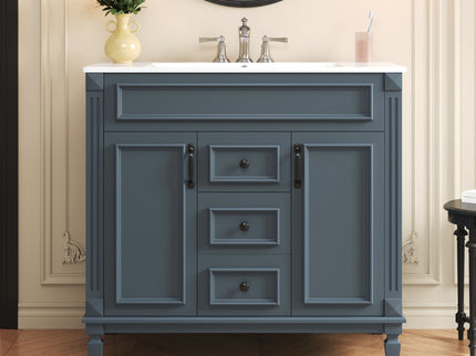 36" Bathroom Vanity With Top Sink, Basin On Cabinet With 2 Soft Closing Doors And 2 Drawers - Blue