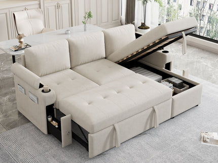 Convertible L Shaped Sofa Couch With Storage, Cup Holders, USB Ports