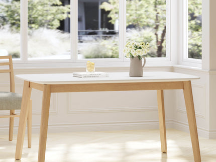 Dining Table With Splayed Rubberwood Legs & Faux Wood Tabletop, Mid Century Modern - White Oak