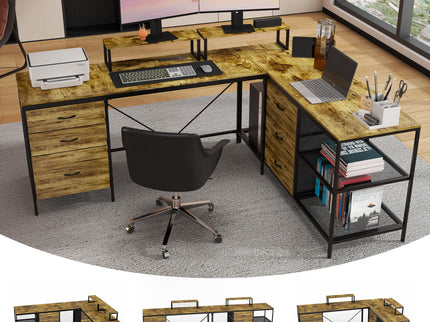Industrial L Shaped Computer Desk With Power Outlets & USB-C, 6 Fabric Drawers, 3 Open Shelves, Movable Monitor Stands - Brown