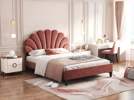Upholstered Platform Bed With Flower Pattern Headboard