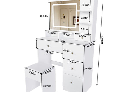 Vanity Desk With Mirror, 3 Color Lighting And Stool