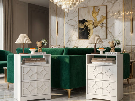 Nightstand With Diamond Carvings Handles, 2 Drawers & Charging Station