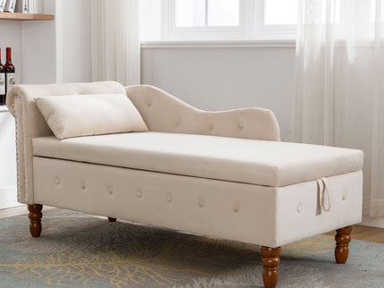 Chaise Lounge Indoor, Lounge Chair For Bedroom With Storage & Pillow, Modern Upholstered Rolled Arm Chase Lounge For Sleeping With Nailhead Trim For Living Room Bedroom Office