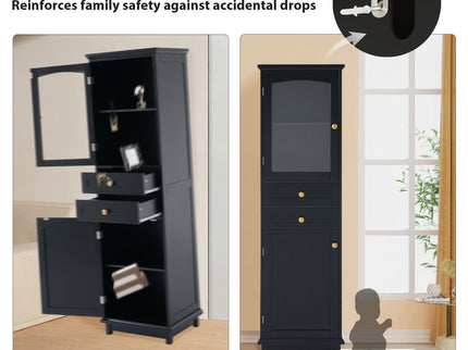 Tall Bathroom Storage Cabinet With Glass Doors, Free-Standing, Two Drawers, And Adjustable Shelves, Board, Painted Perfect For Displaying Your Favorite Items