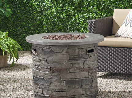 Transitional Outdoor 32" Round Propane Fire Pit Table, Lightweight Concrete Construction - Stone Gray