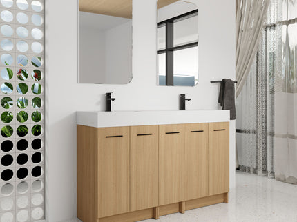 Double Sink Bathroom Vanity With Extra Large Storage, Integrated Sink, Freestanding Cabinet, Soft Close Doors - Glossy White / Light Oak