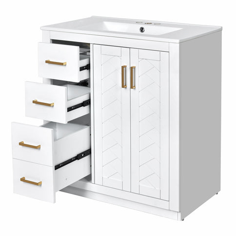 Ceramic Sink Combo, Freestanding Vanity Set With 3 Drawers & Soft Closing Doors