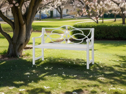 Outdoor Garden Patio Bench With Backrest And Armrest, Slatted Seat For Park, Yard & Porch, Balcony, Accommodates 2 - 3 People - White