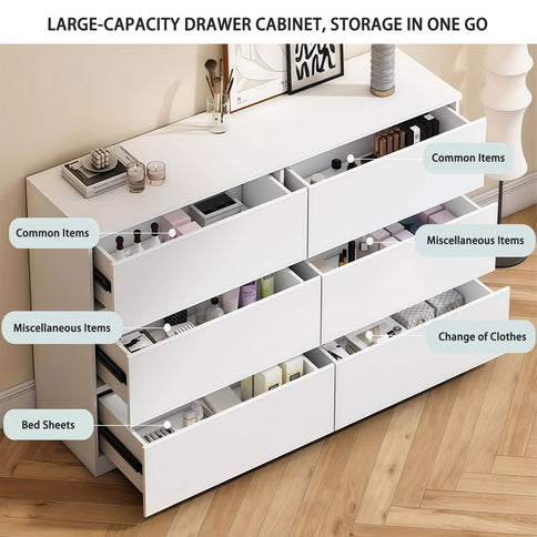 6 Drawer Dresser With Spacious Countertop And Concealed Handles