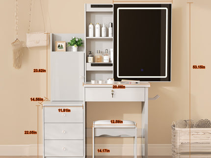 Vanity Desk Set With Sliding Lighted Mirror, 4 Drawer Makeup Dressing Table With 9 Storage Spaces, Hidden Compartments & Cushioned Stool, Beauty Furniture For Bedroom - White