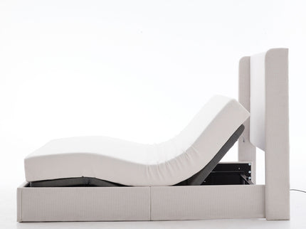 Caron - Queen Size Upholstered Wingback Bed With Adjustable Base Bundle Set - Ivory