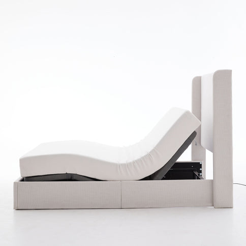 Caron - Queen Size Upholstered Wingback Bed With Adjustable Base Bundle Set - Ivory