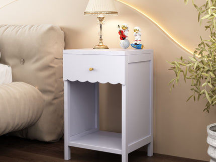 Nightstand With Drawer And Open Shelf, Scalloped Edge Bedside Table