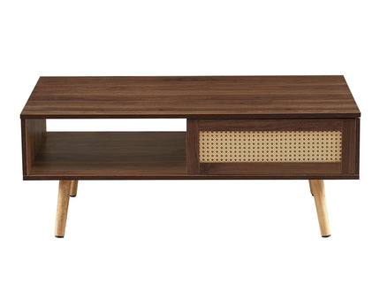 41.34" Rattan Coffee Table, Sliding Door For Storage, Solid Wood Legs, Modern Table For Living Room