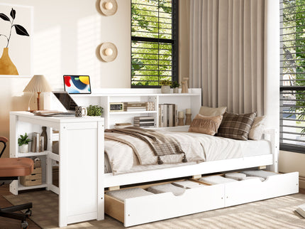 Corner Daybed With Storage Drawers, Desk, Charging Port & Bookcase