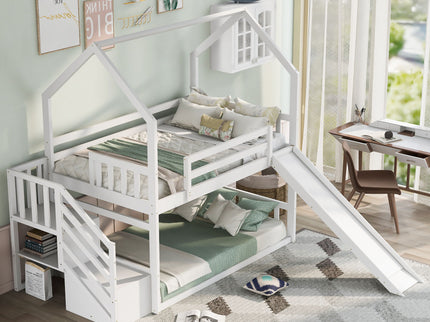 Twin Over Twin House Bunk Bed With Convertible Slide, Storage Staircase