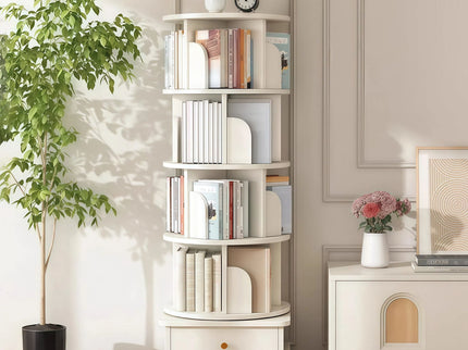 Rotating Bookshelf With Wheels And Drawer, 360° Spinning Design, Space Saving Storage
