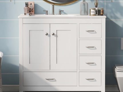 Bathroom Vanity With Ceramic Sink Combo, Abundant Storage Cabinet 2 Soft Close Doors And 5 Drawers