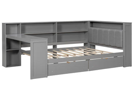 Platform Bed With Upholstered Headboard, Storage Shelves, Drawers, Charging Station, LED Lighting, Built In Desk
