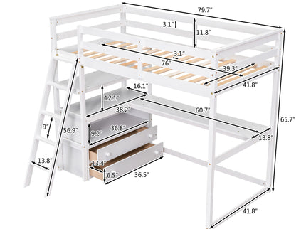 Modern Loft Bed With Built In Desk, Shelves, And 2 Drawers
