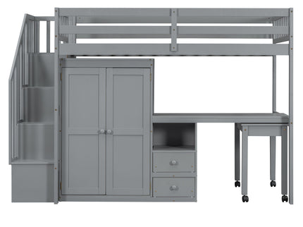 Loft Bed With Stairs, Bookshelf, Drawers, Desk & Wardrobe, Space Saving Multifunctional Furniture
