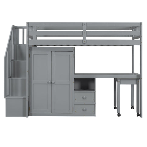 Loft Bed With Stairs, Bookshelf, Drawers, Desk & Wardrobe, Space Saving Multifunctional Furniture