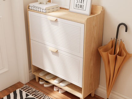 Shoe Storage Cabinet With 2 Flip Drawers, Compact Entryway Organizer - Natural / White