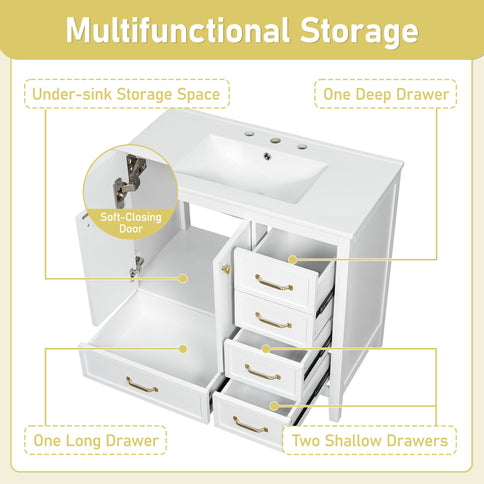 Elegant Vintage Bathroom Vanity & Sink And Soft Closing Door, 4 Drawers Of Different Sizes Frame