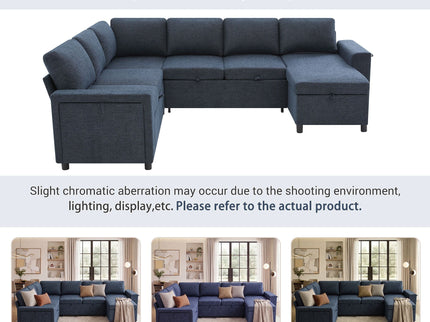 U - Shaped Convertible Sectional Sofa Bed With Storage, USB Charger & Cup Holders