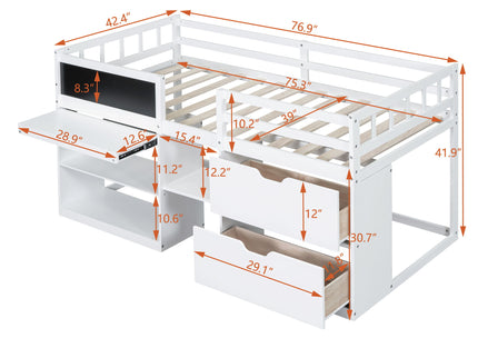 Low Loft Bed With Rolling Desk, Shelf And Drawers