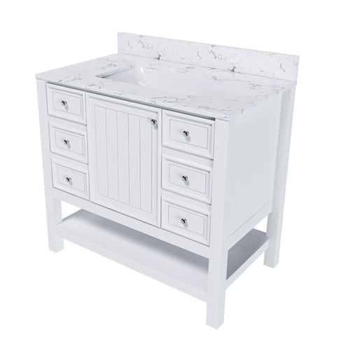 37" Bathroom Vanity, Multi Functional Cabinet With Doors And Drawers, Frame, Single Faucet Hole - White