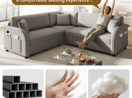 L-Shaped Couch With Pull-Out Bed, Oversize Convertible Sleeper Sofa With Side Pocket & USB Port