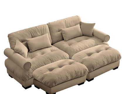 Modern Sectional Sofa With Ottoman, Round Bolster Armrests, Waist And Throw Pillows