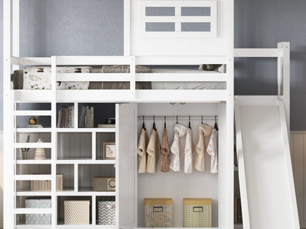 Twin Size Loft Bed With Wardrobe, Storage Shelves, Slide And LED - White