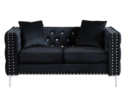 Wide Sofa With Jeweled Buttons Square Arm, 2 Pillows