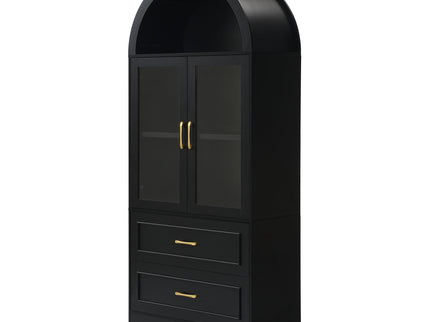 Arched Top Storage Cabinet With Fixed 2 Tier Shelves, 2 Large Drawers