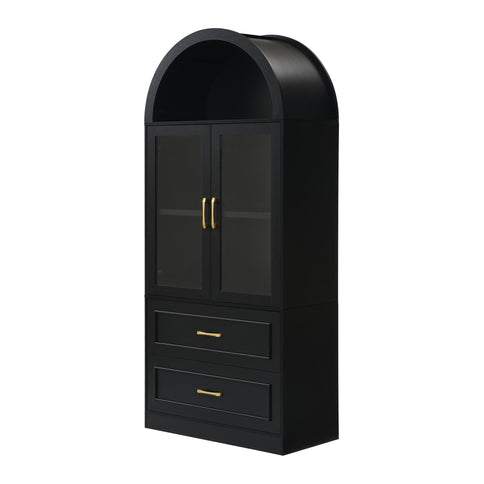 Arched Top Storage Cabinet With Fixed 2 Tier Shelves, 2 Large Drawers