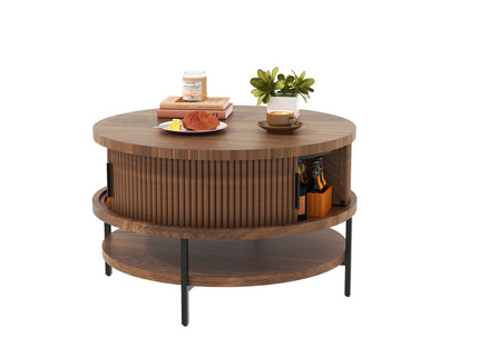 Flip-Top Round Coffee Table With Storage - Brown