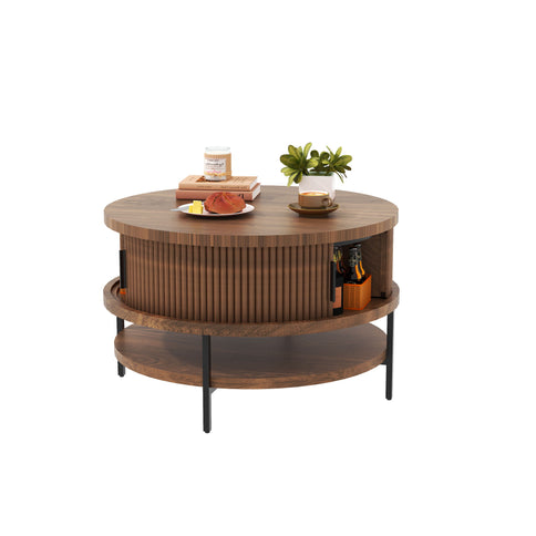 Flip-Top Round Coffee Table With Storage - Brown
